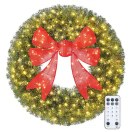 PULUZ - 60in Pre-Lit Christmas Wreath with 3D Red Bow, 11 Lighting Modes, Front Door Christmas Wreath with Remote - Green
