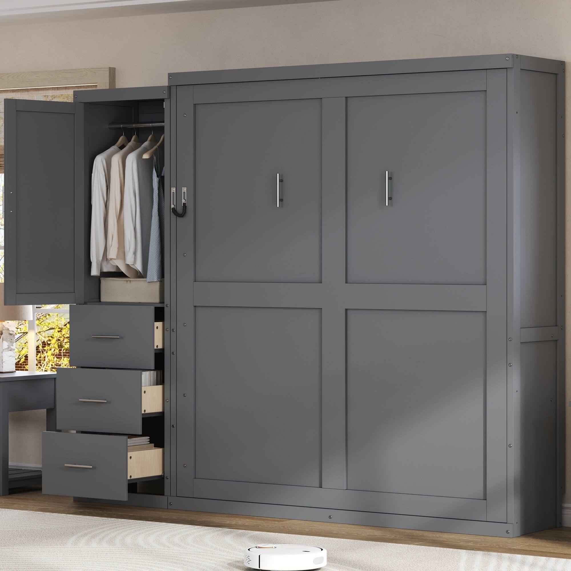 Left. Whisen - Queen Size Murphy Bed with Wardrobe and Drawers, Space-Saving Folding Bed for Guest Room and Small Spaces - Gray.