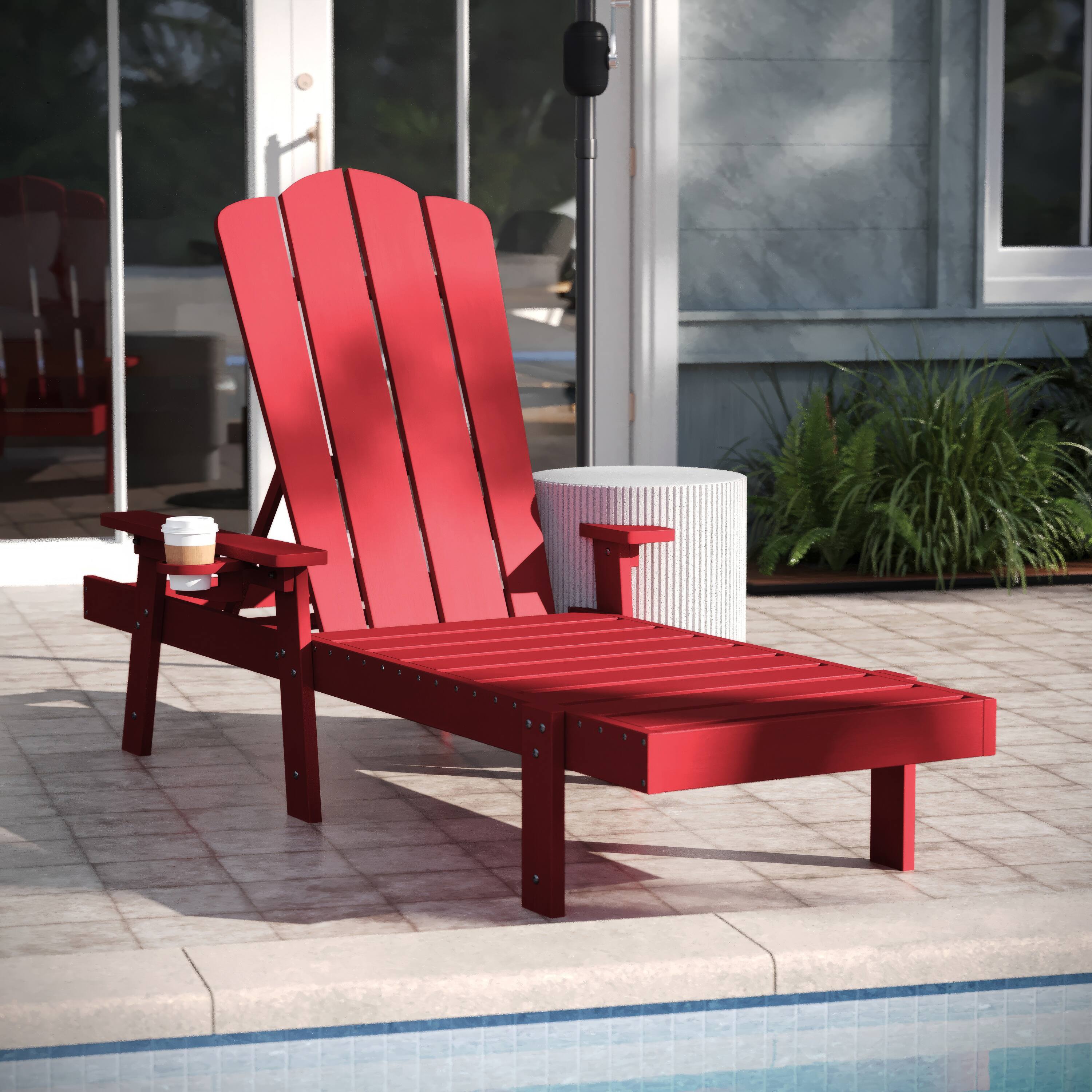 Alt View 4. Emma + Oliver - Stockton Set of 2 Recycled HDPE Adjustable Adirondack Loungers with Fold Out Cupholders for Indoor/Outdoor Use - Red.