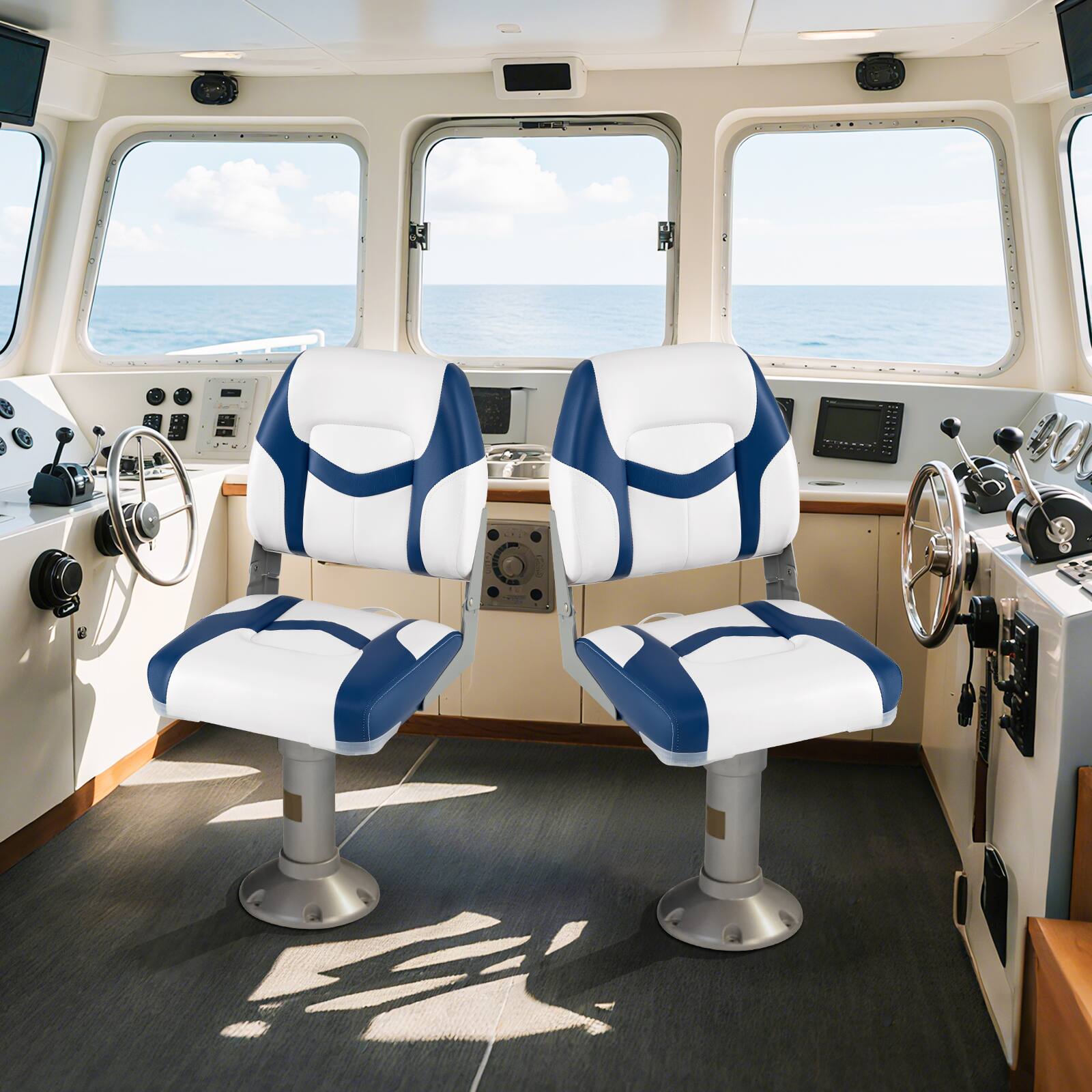 Alt View 3. Gymax - Gymax 2-Pack Boat Seats Folding Low Back Boat Chairs w/ Sponge Padding Fixing Bolts Blue & White - Blue.