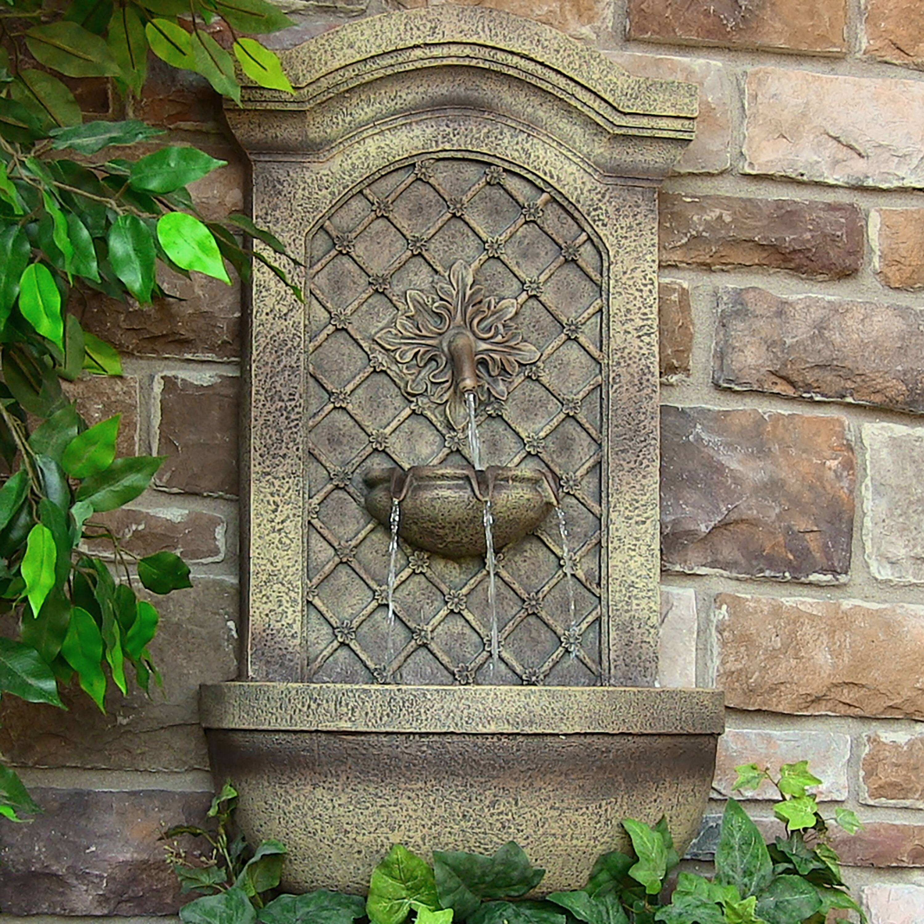 Alt View 1. Sunnydaze - Rosette Leaf Polystone Outdoor Wall Fountain - Florentine Stone.