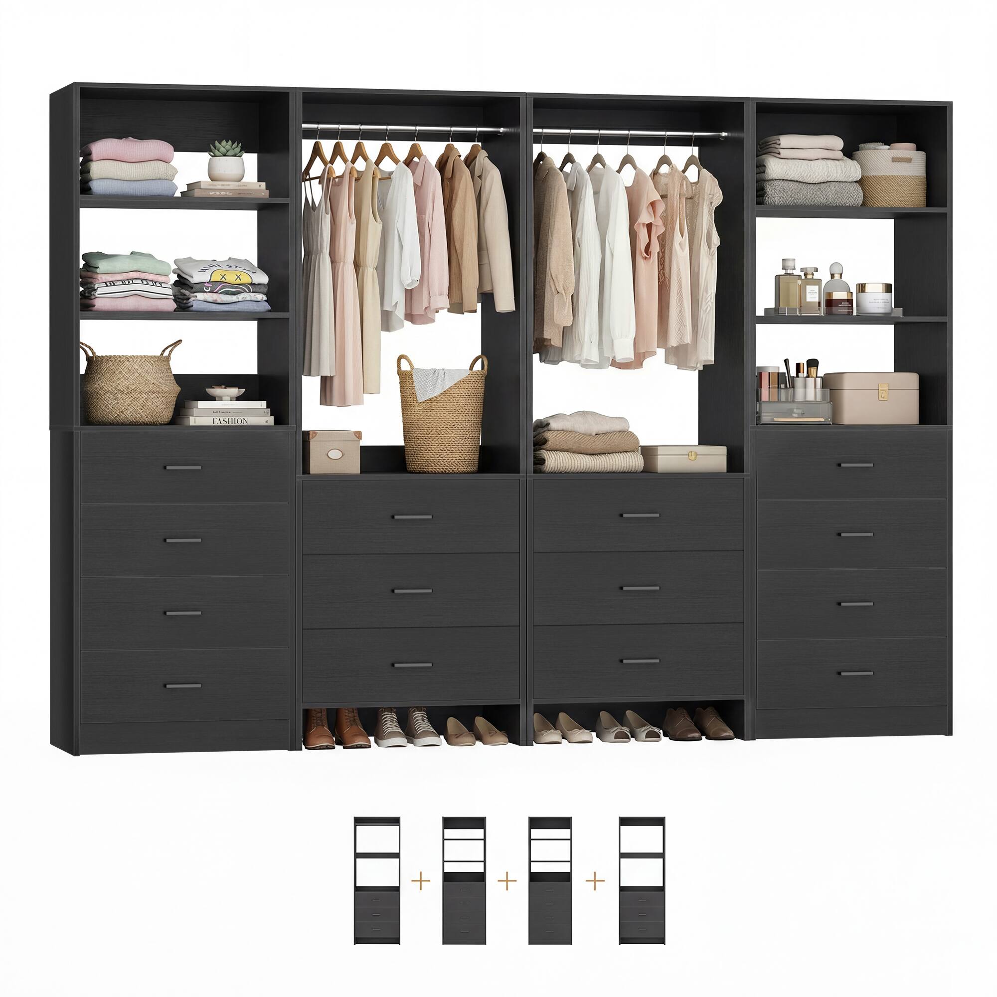 Angle. Aheaplus - 90'' Walk-in Closet Organizer System with 14 Drawers, 2 Hanging Rods and Adjustable Shelves - Black.
