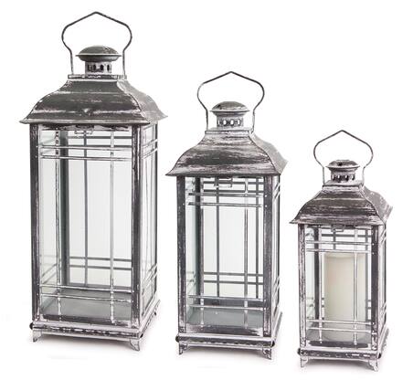 Front. BreeBe - Traditional Grey Metal Lantern (Set of 3) - Grey, White.