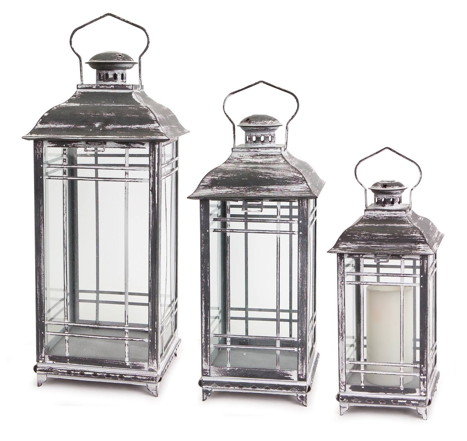 Front. BreeBe - Traditional Grey Metal Lantern (Set of 3) - Grey, White.