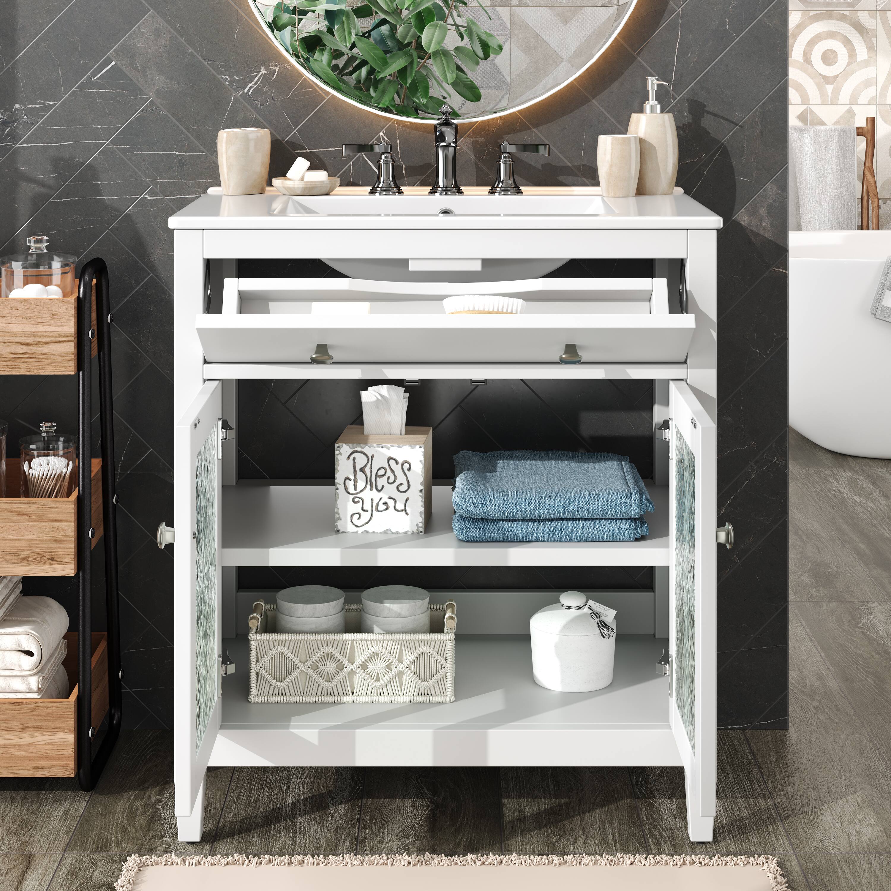 Alt View 2. Loheer - 2.5 ft Bathroom Vanity with Ceramic Sink, Adjustable Shelf and Tip-Out Tray - White.