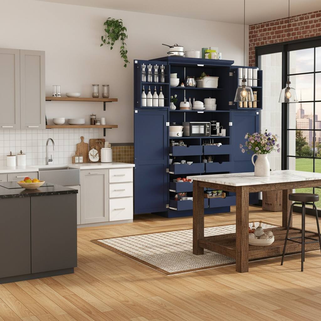 Left. Forest'nSky - 70.9" Freestanding Pantry Cabinet, 35.5" Wide with 8 Pull-Out Trays & Door Shelves for Dining Room, Blue - Blue.