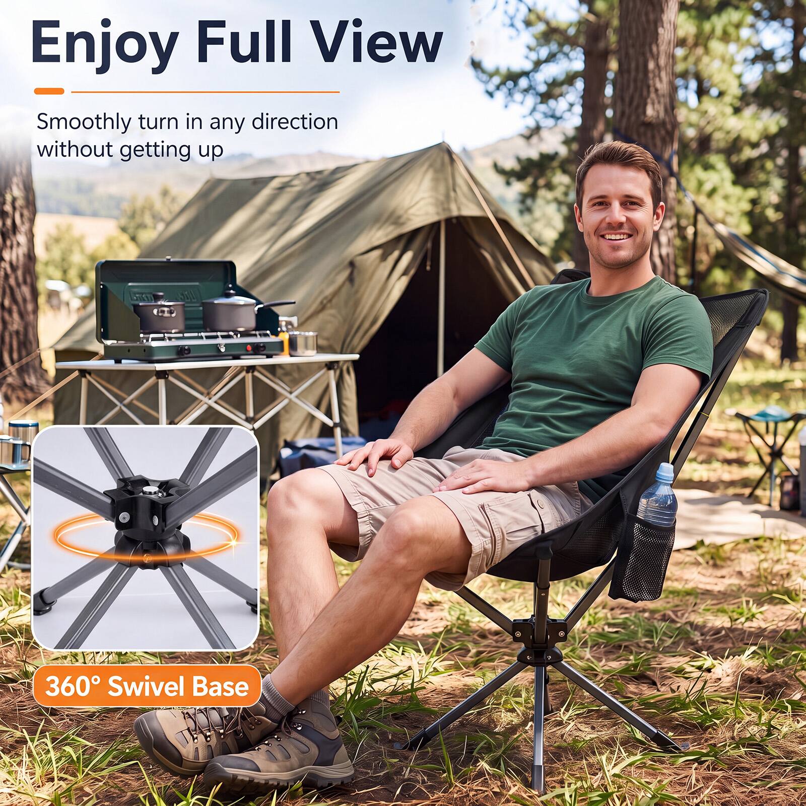 Enjoy Full View  
Smoothly turn in any direction without getting up  

360° Swivel Base