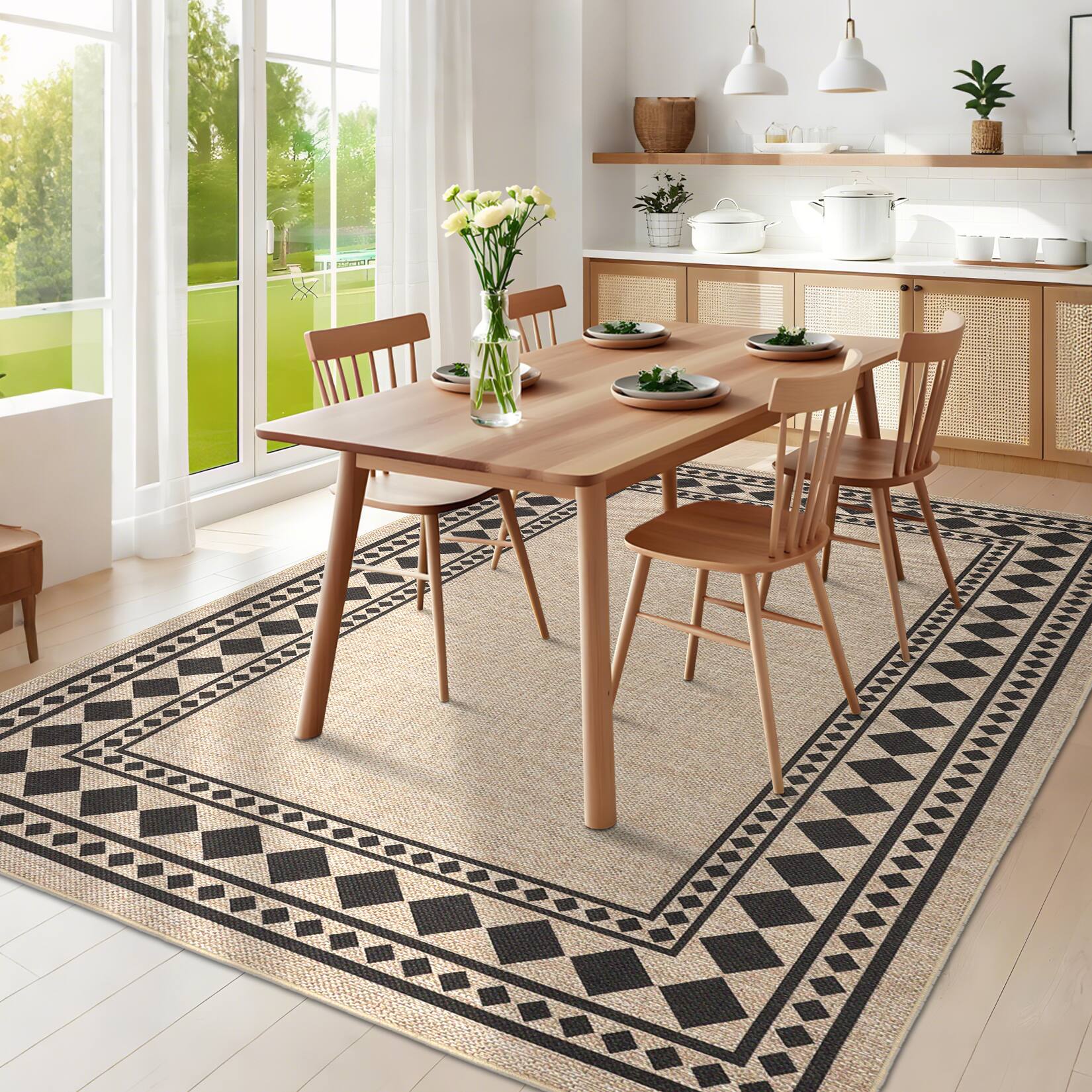 Left. Jojoka - Modern Geometric Border Area Rug Minimalist Machine Washable Non Slip Ultra Thin Low Pile Carpet for High Traffic Areas - Camel Black.