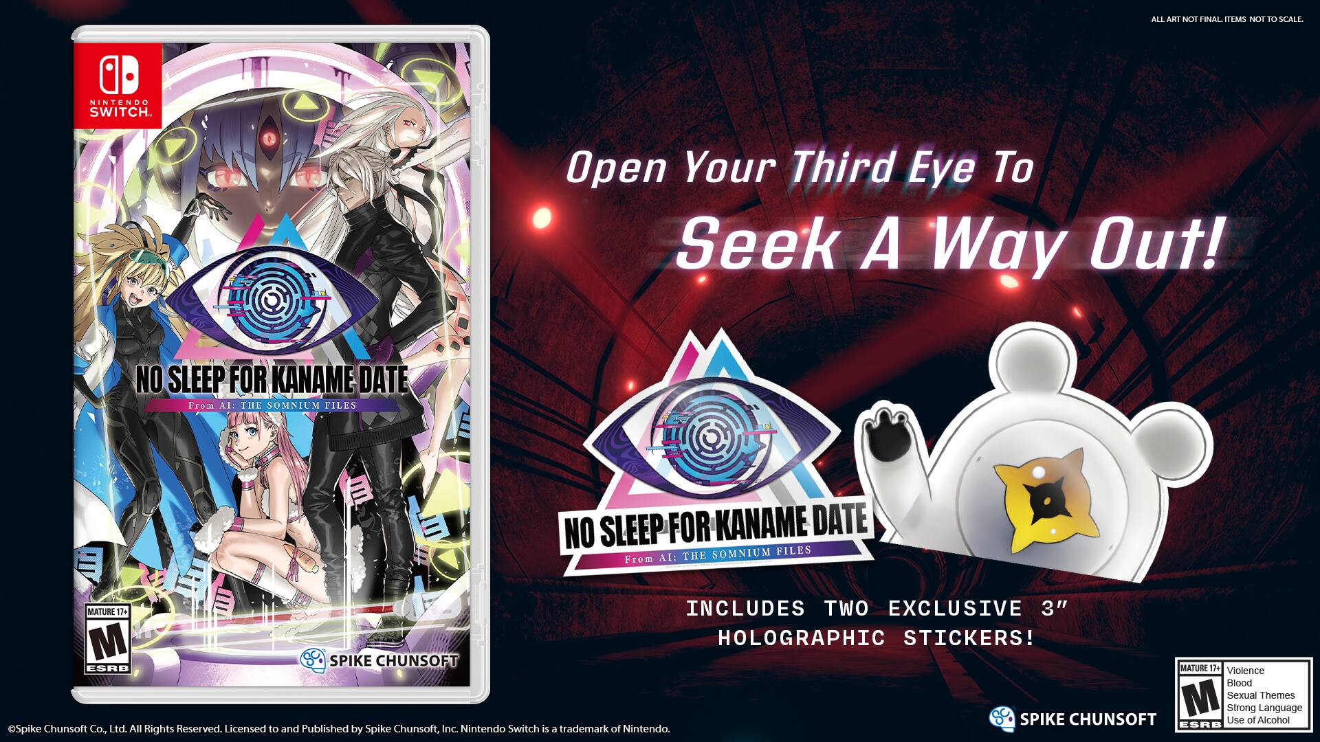 Open Your Third Eye To Seek A Way Out! No Sleep For Kaname Date From All The SOMNIUM FILES. Mature 17+ Includes Two Exclusive 3" M Holographic Stickers! Spike Chunsoft ESRB Mature 17+ Violence, Blood, M Sexual Themes, Strong Language, Use of Alcohol. Spike Chunsoft Co. Ltd. All Rights Reserved. Licensed to and Published by Spike Chunsoft, Inc. Nintendo Switch is a trademark of Nintendo.