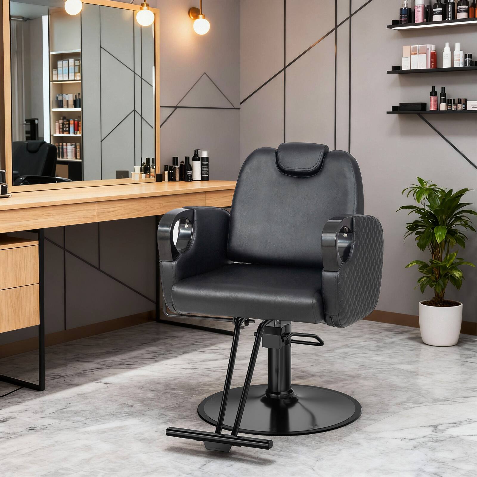 Left. Winado - Multifunctional Salon Chair with Hydraulic Pump, 135° Reclining Backrest, 360 Degree Swivel, Footrest for Barbershop Spa - All Black.
