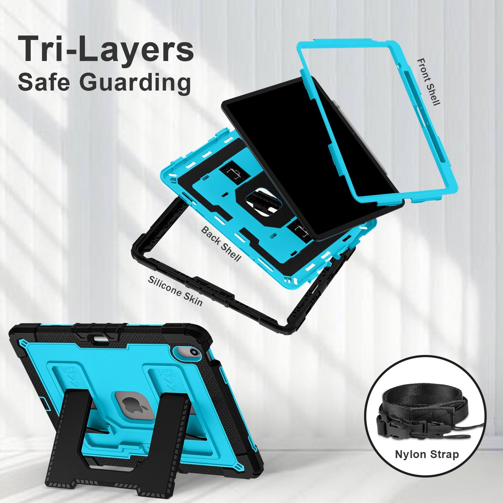 Tri-Layers Safe Guarding  
Front Shell  
Back Shell Silicone Skin  
Lift Push  
Nylon Strap