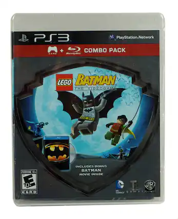 PS3
PlayStation Network
COMBO PACK
GAME + Blu-ray Disc
LEGO BATMAN THE VIDEOGAME
INCLUDES BONUS BATMAN MOVIE INSIDE
EVERYONE 10+
CONTENT RATED BY ESRB
DC COMICS
TT GAMES
WB GAMES - E10+ (Everyone 10+)