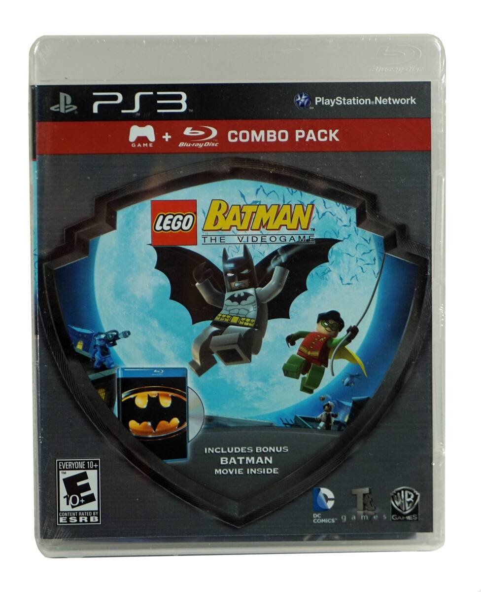 PS3  
PlayStation Network  
COMBO PACK  

GAME + Blu-ray Disc  

LEGO BATMAN THE VIDEOGAME  

INCLUDES BONUS BATMAN MOVIE INSIDE  

EVERYONE 10+  
CONTENT RATED BY ESRB  

DC COMICS  
TT GAMES  
WB GAMES - E10+ (Everyone 10+)