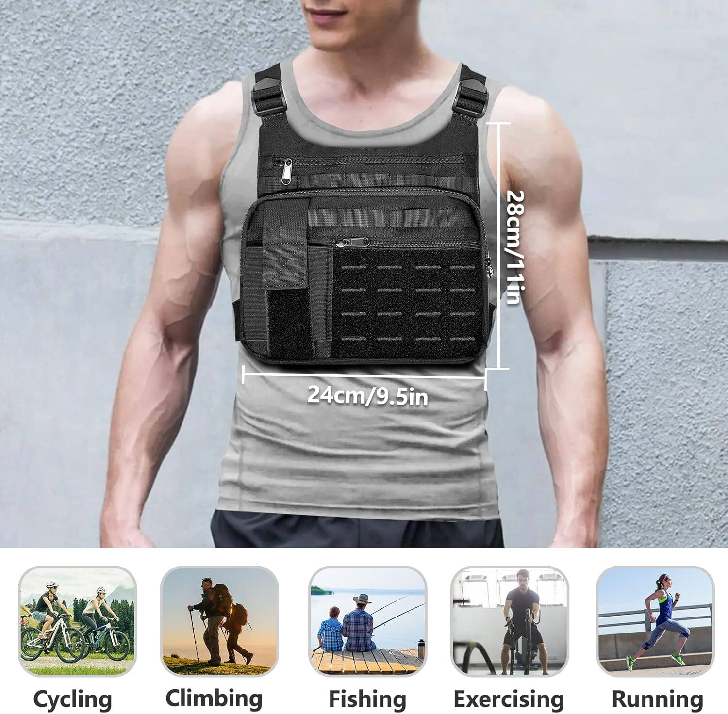 28cm/11in  
24cm/9.5in  

Cycling  
Climbing  
Fishing  
Exercising  
Running