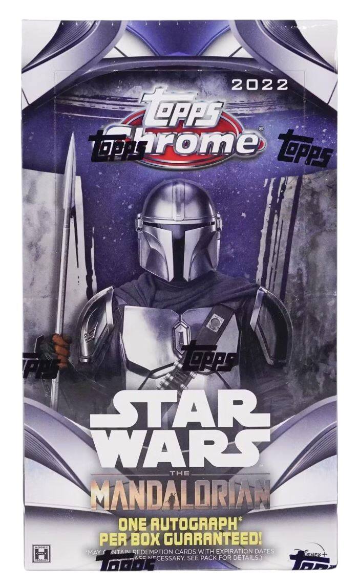 2022 Topps Topps Chrome Topps  
Star Wars The Mandalorian  
One Autograph* Per Box Guaranteed!  
*May Contain Redemption Cards with Expiration Dates. See Pack for Details.