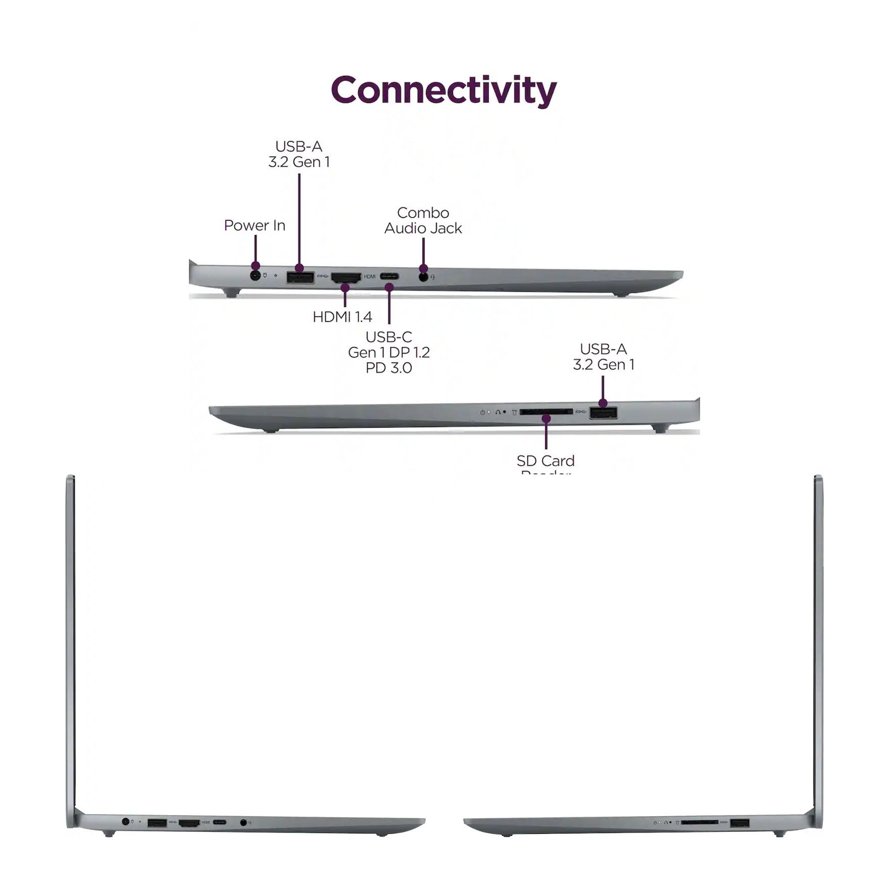 Connectivity

- USB-A 3.2 Gen 1
- Power In
- Combo Audio Jack
- HDMI 1.4
- USB-C Gen 1 DP 1.2 PD 3.0
- USB-A 3.2 Gen 1
- SD Card Reader