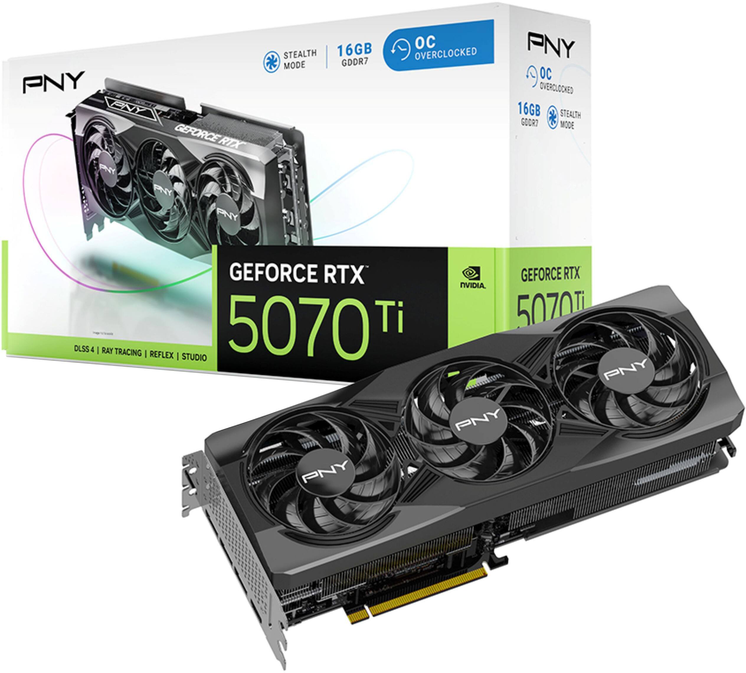 PNY GEFORCE RTX 5070 Ti  
16GB GDDR7  
OC OVERCLOCKED  
STEALTH MODE  
DLSS 4  
RAY TRACING  
REFLEX  
STUDIO
