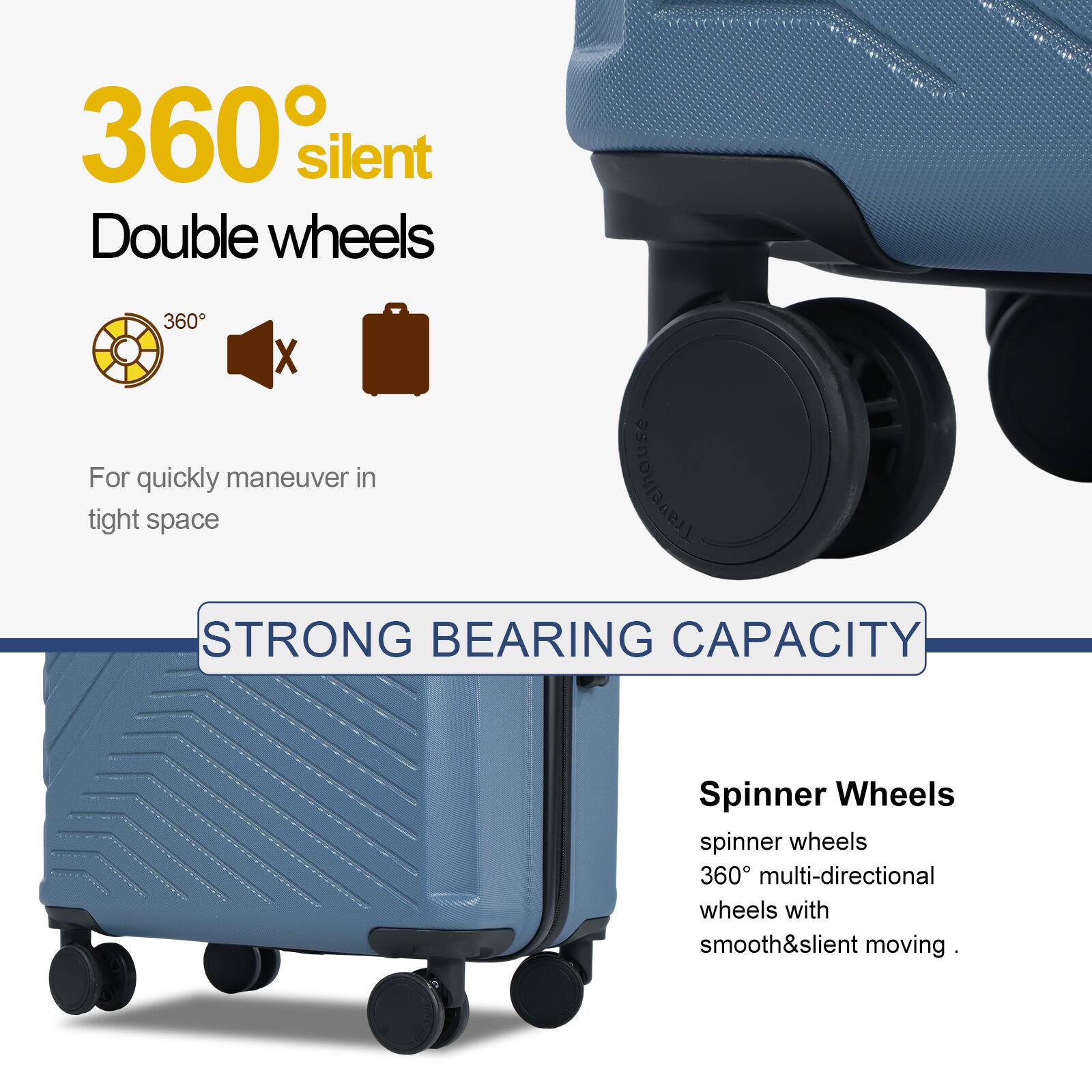 360° silent Double wheels  
For quickly maneuver in tight space  
STRONG BEARING CAPACITY  

Spinner Wheels  
spinner wheels  
360° multi-directional wheels with smooth&silent moving