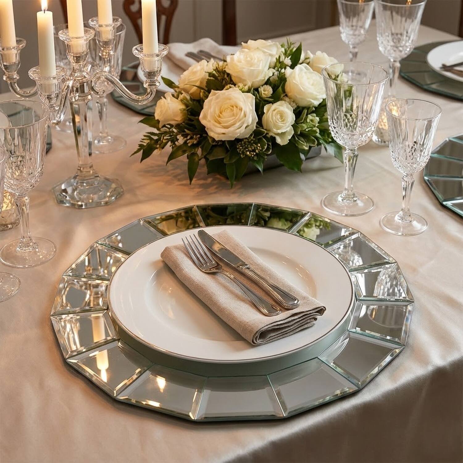 Angle. American Atelier - Mirror Glass Charger Plate 13"D Beveled - Clear.