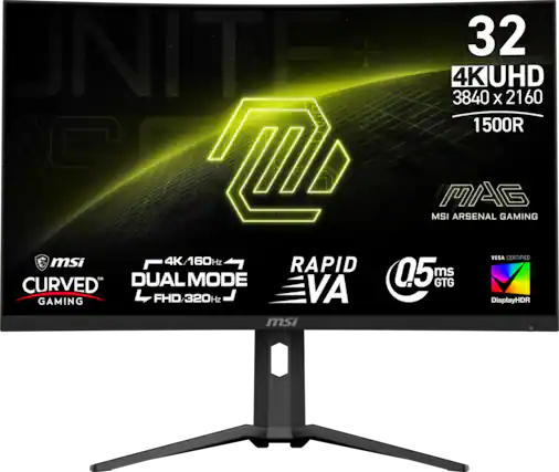UNITE 32 4K UHD 3840 x 2160 1500R MSI MAG ARSENAL GAMING VESA CERTIFIED 4K/160Hz RAPID 0.5 ms GTG DUAL MODE CURVED FHD/320Hz VA DisplayHDR