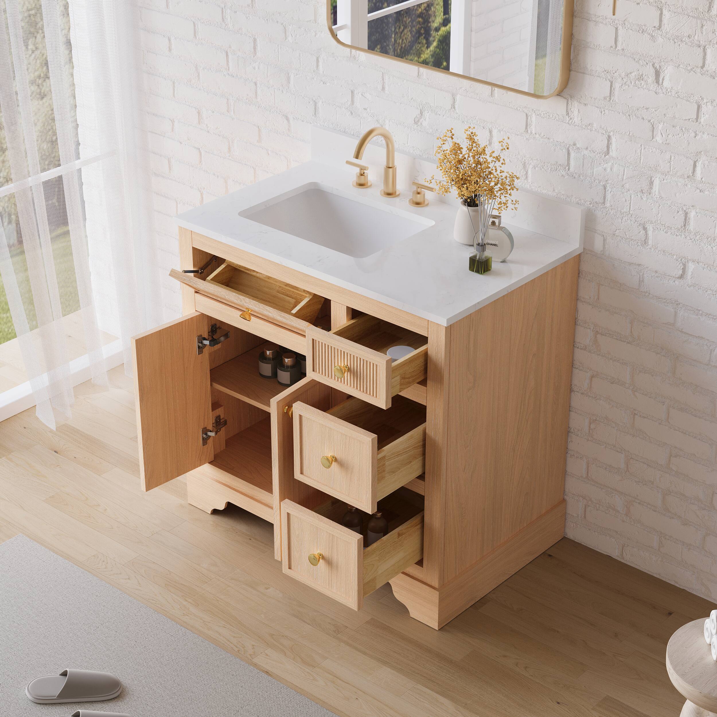 Left. WELLFOR - ALLSTAR 36 in. Freestanding Solid Wood Bath Vanity with Quartz Top, Single Sink, Soft Close, Assembled - Light Brown.