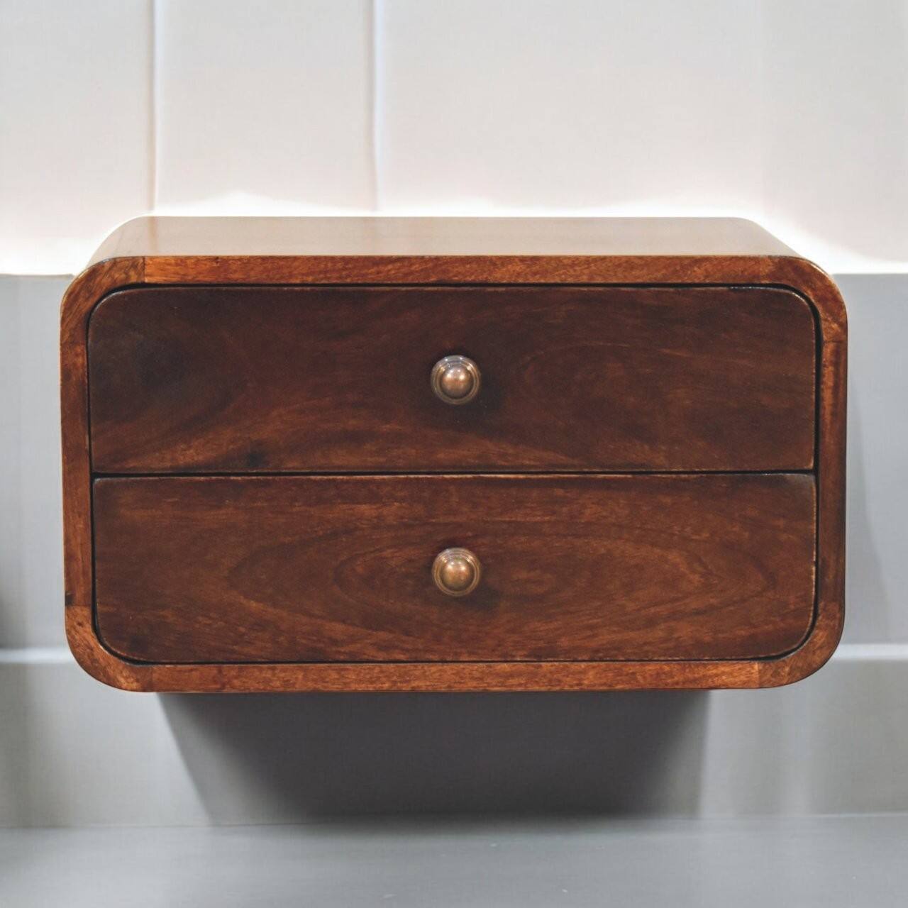 Angle. Artisan Furniture - Artisan Furniture Solid Wood Curved California Walnut Wall Mounted Bedside, 2 Drawers, Dark Brown - Walnut Finish.
