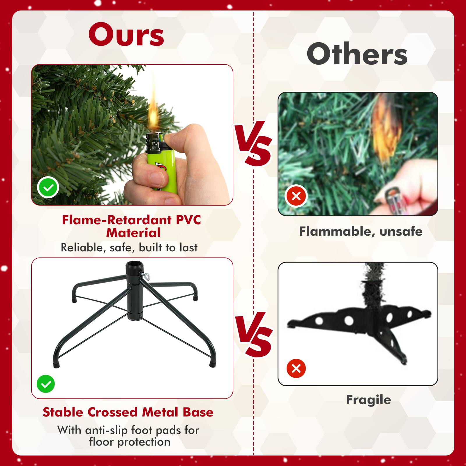 **Ours**

- Flame-Retardant PVC Material
  - Reliable, safe, built to last

- Stable Crossed Metal Base
  - With anti-slip foot pads for floor protection

**Others**

- Flammable, unsafe

- Fragile