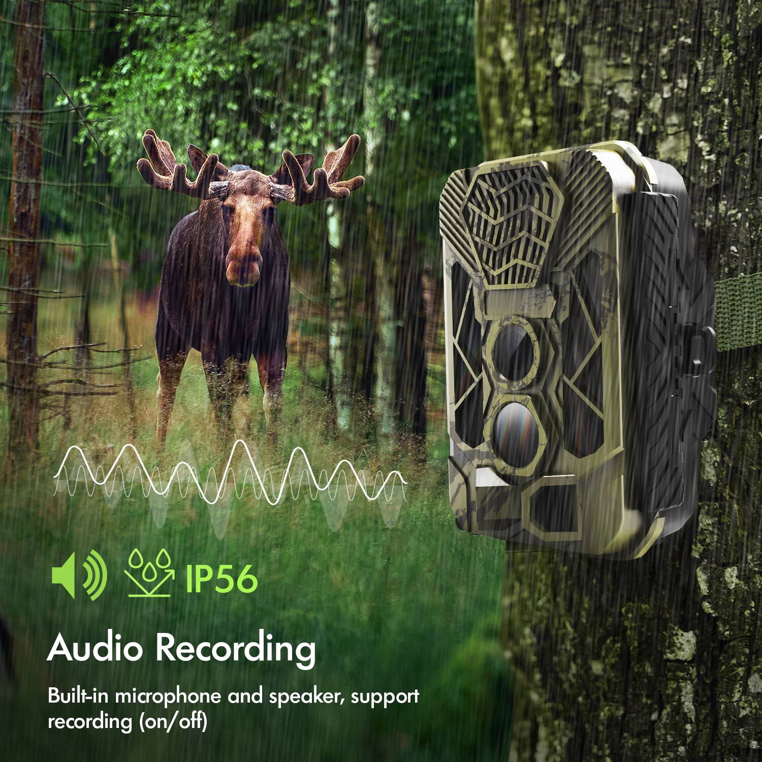 IP56 Audio Recording  
Built-in microphone and speaker, support recording (on/off)