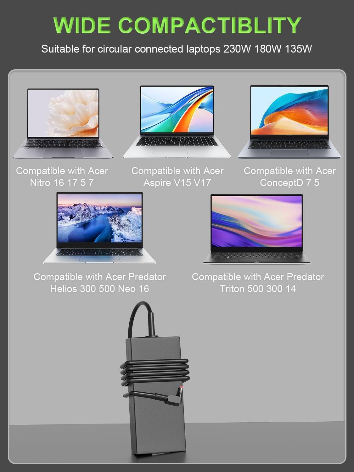 WIDE COMPACTIBILITY  
Suitable for circular connected laptops 230W 180W 135W  

Compatible with Acer Nitro 16 17 5 7  
Compatible with Acer Aspire V15 V17 ConceptD 7 5  
Compatible with Acer Predator Helios 300 500 Neo 16  
Compatible with Acer Predator Triton 500 300 14