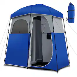 Costway - Double-Room Camping Shower Toilet Tent with Floor Oversize Portable Storage Bag - Blue