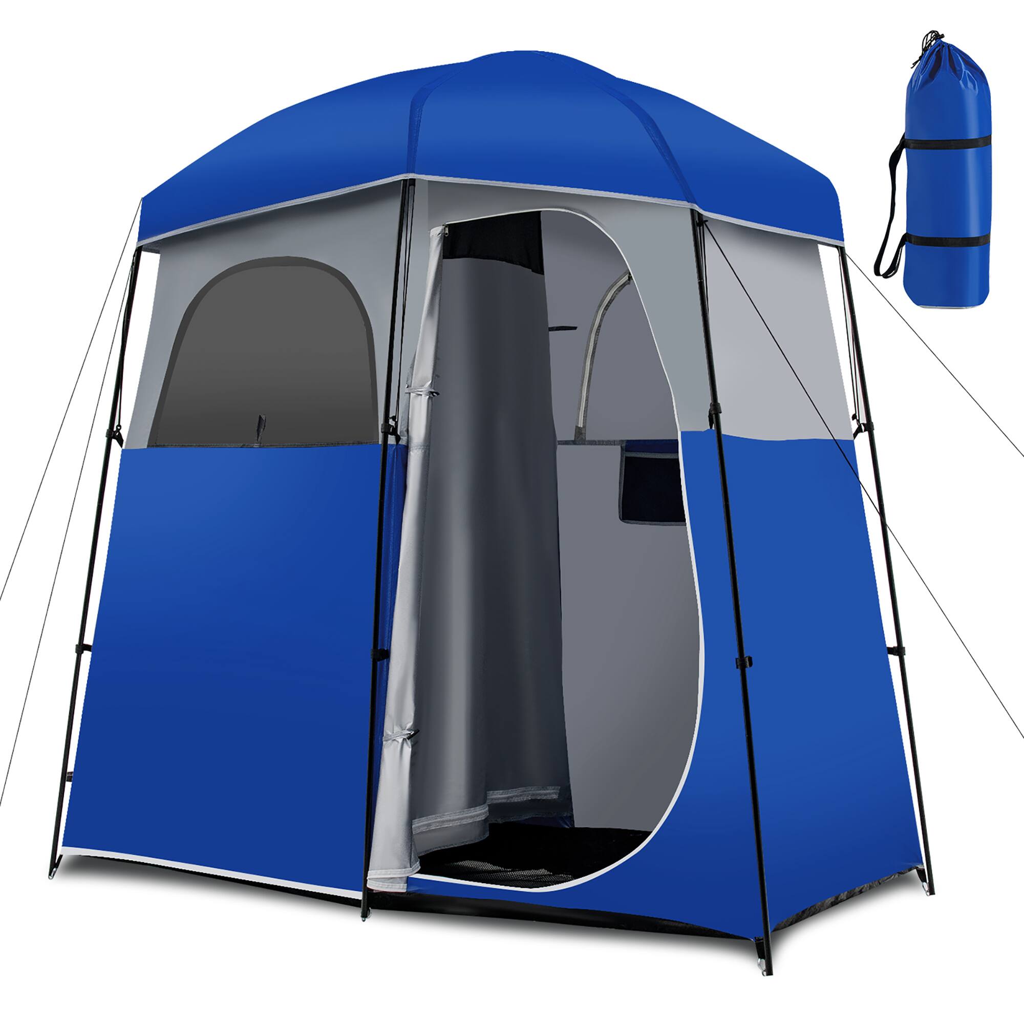 Front. Costway - Costway Double-Room Camping Shower Toilet Tent with Floor Oversize Portable Storage Bag - Blue.