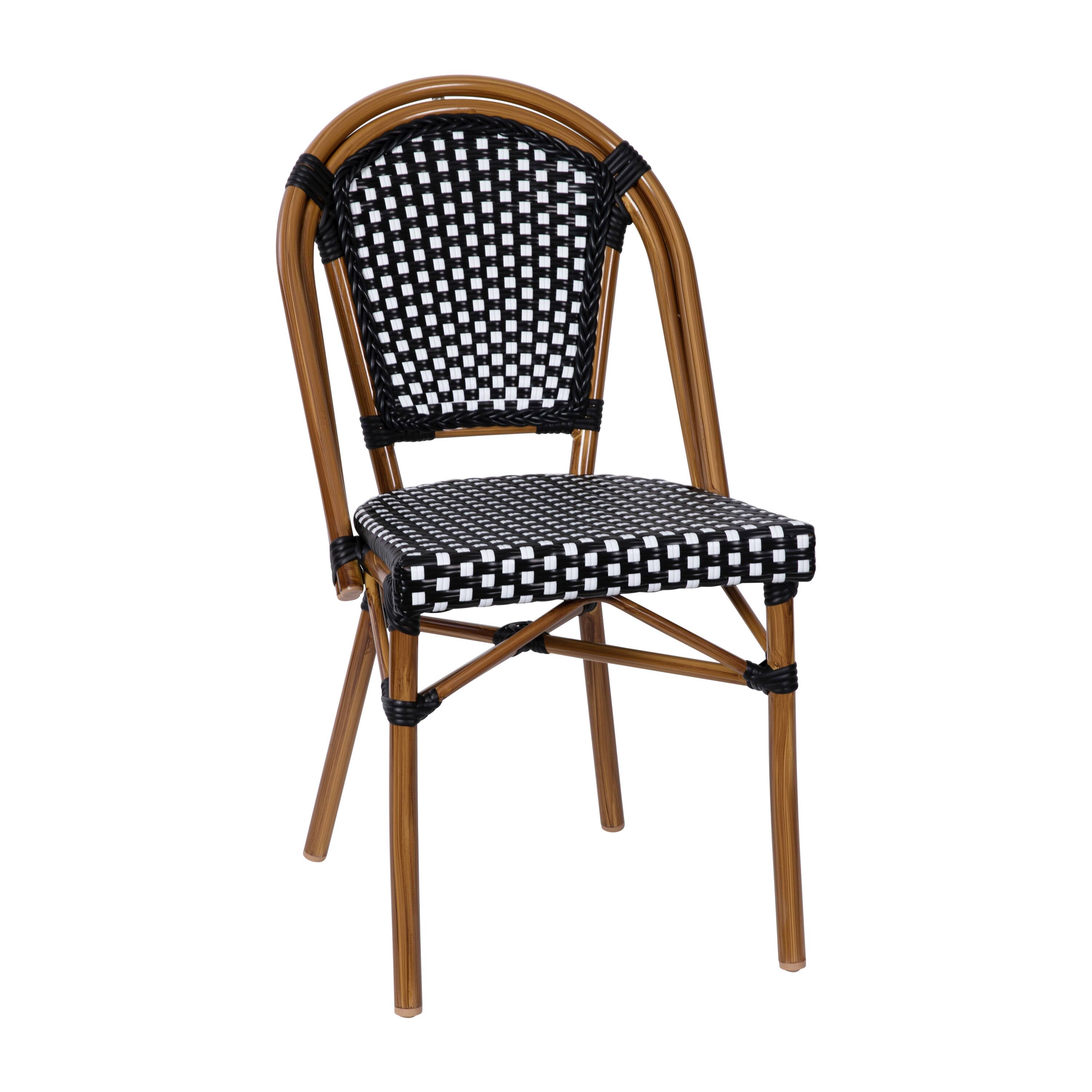 Alt View 8. Emma + Oliver - Soie Indoor/Outdoor Bistro Style 31.5 in. Table with PE Rattan, Glass Top, and Four Chairs - Metal Frame - Black & White Rattan/Natural Frame.