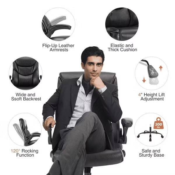 Flip-Up Leather Armrests  
Elastic and Thick Cushion  
Wide and Soft Backrest  
4" Height Lift Adjustment  
120° Rocking Function  
Safe and Sturdy Base  
300 lbs