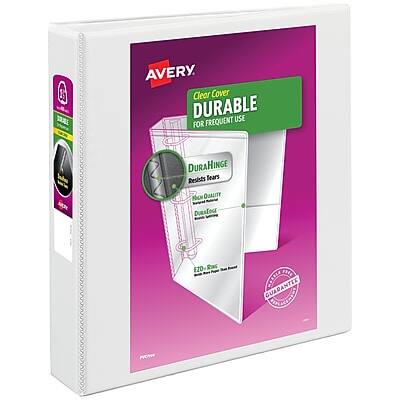 AVERY  
Clear Cover  
DURABLE  
FOR FREQUENT USE  

DURAHINGE  
Resists Tears  

Superior Quality  

100% Recyclable  

GUARANTEED