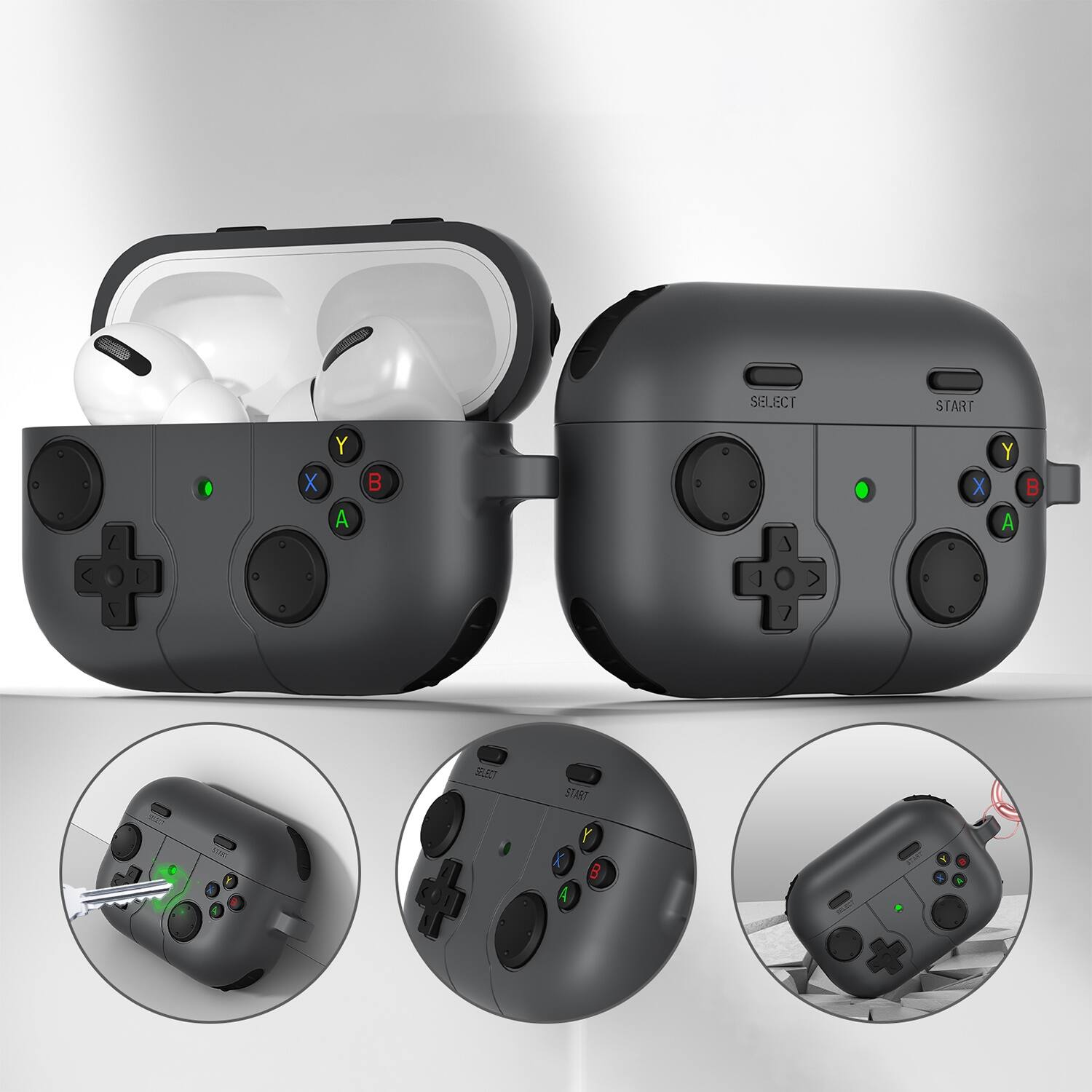 The image shows a pair of black game controllers with a green light on them. The controllers are connected to a device that has a screen, and the controllers are placed on a white background. The controllers have buttons labeled "SELECT" and "START" on them, as well as other buttons such as "A", "B", "X", "Y", and "L". The controllers are designed to be used with a virtual reality headset, providing an immersive gaming experience.