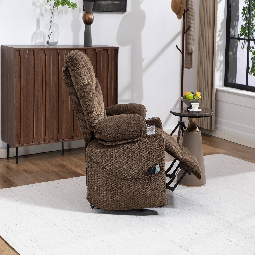 Alt View 7. Ropilly - Ropilly brown velvet power lift recliner with heated massage and cup holder - Brown.