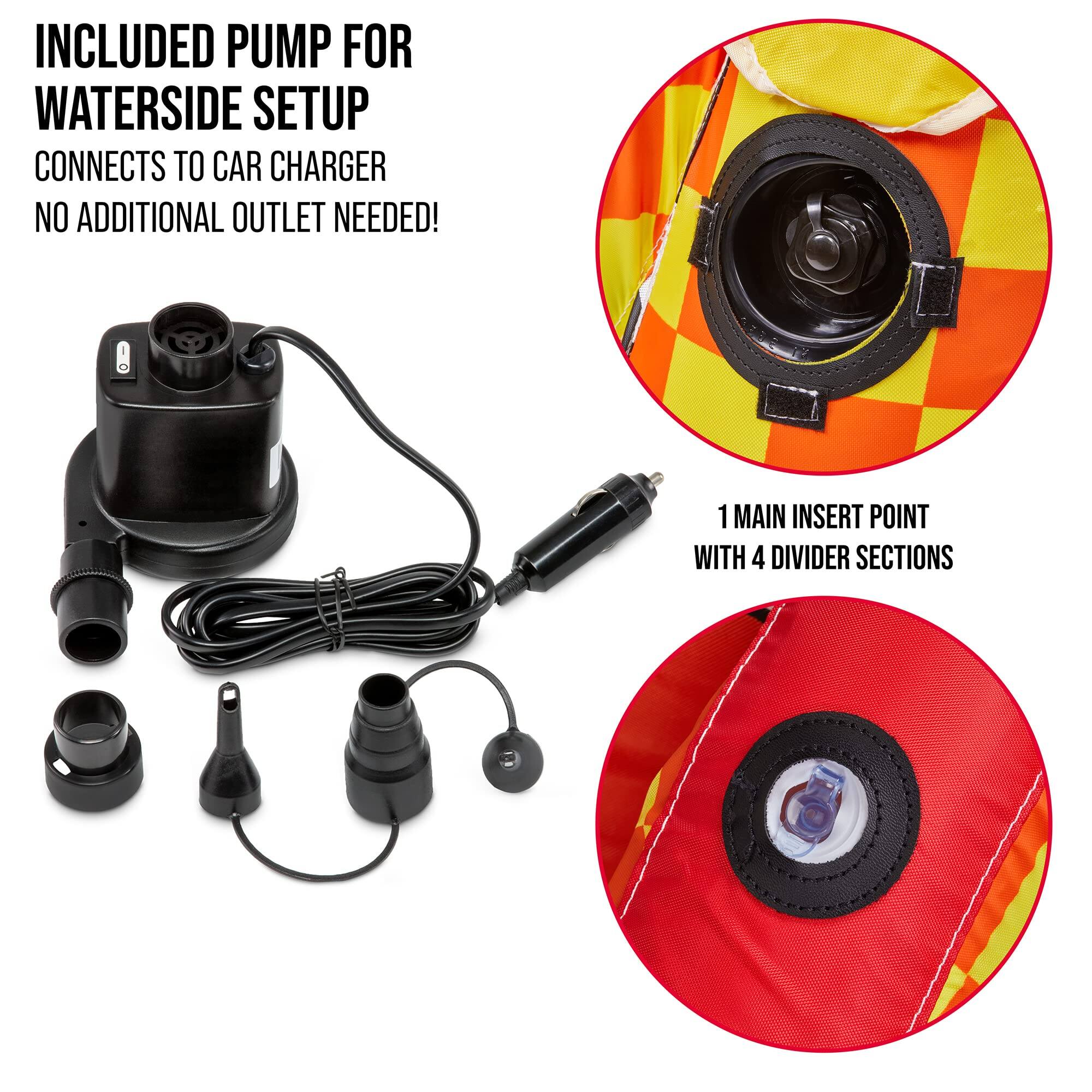 INCLUDED PUMP FOR WATERSIDE SETUP CONNECTS TO CAR CHARGER NO ADDITIONAL OUTLET NEEDED! 1 MAIN INSERT POINT WITH 4 DIVIDER SECTIONS