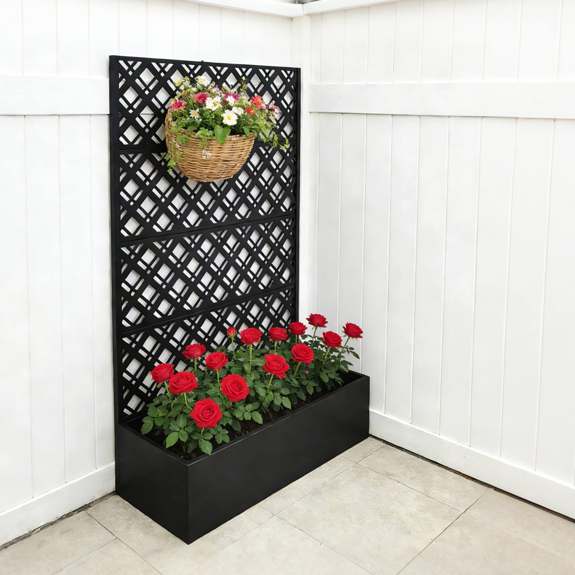 Alt View 2. Loheer - Metal Raised Garden Bed with Trellis, 5.9 ft H Planter Box with Drainage for Patio Climbing Plants - Black.