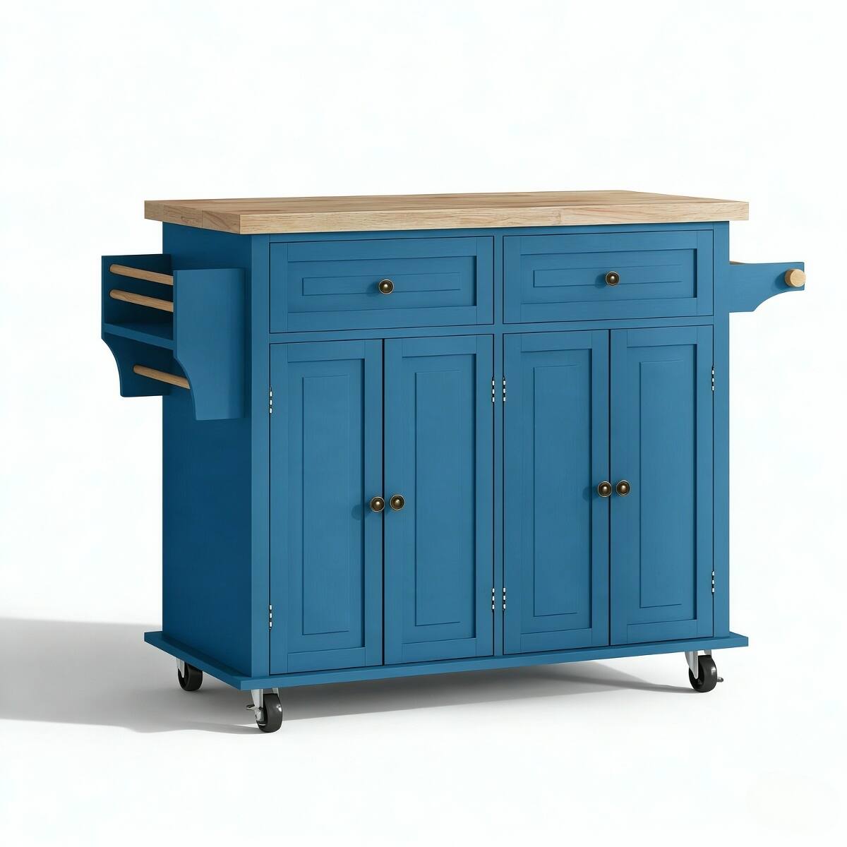 Alt View 4. Loheer - Loheer Turquoise Kitchen Island Cart, Rolling Kitchen Trolley with Drawers, Rubberwood Top, 43.75" W - Turquoise.
