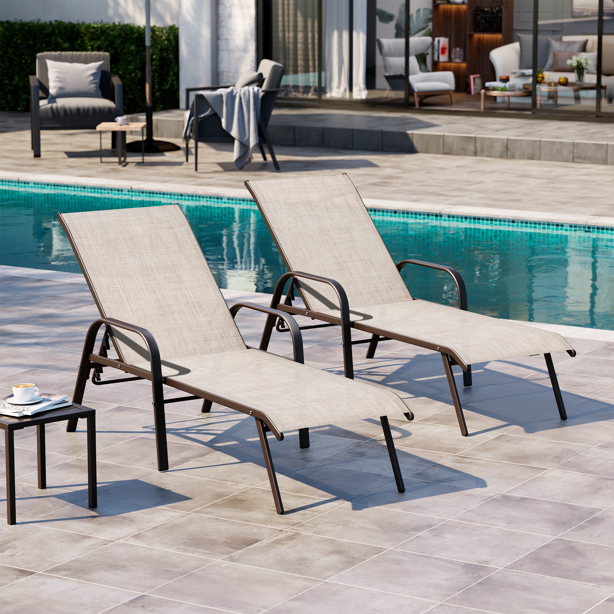 Crestlive Products - 2 Pcs Patio Chaise Lounge Chair Adjustable Chair with 5 Positions and Flat Position - Beige