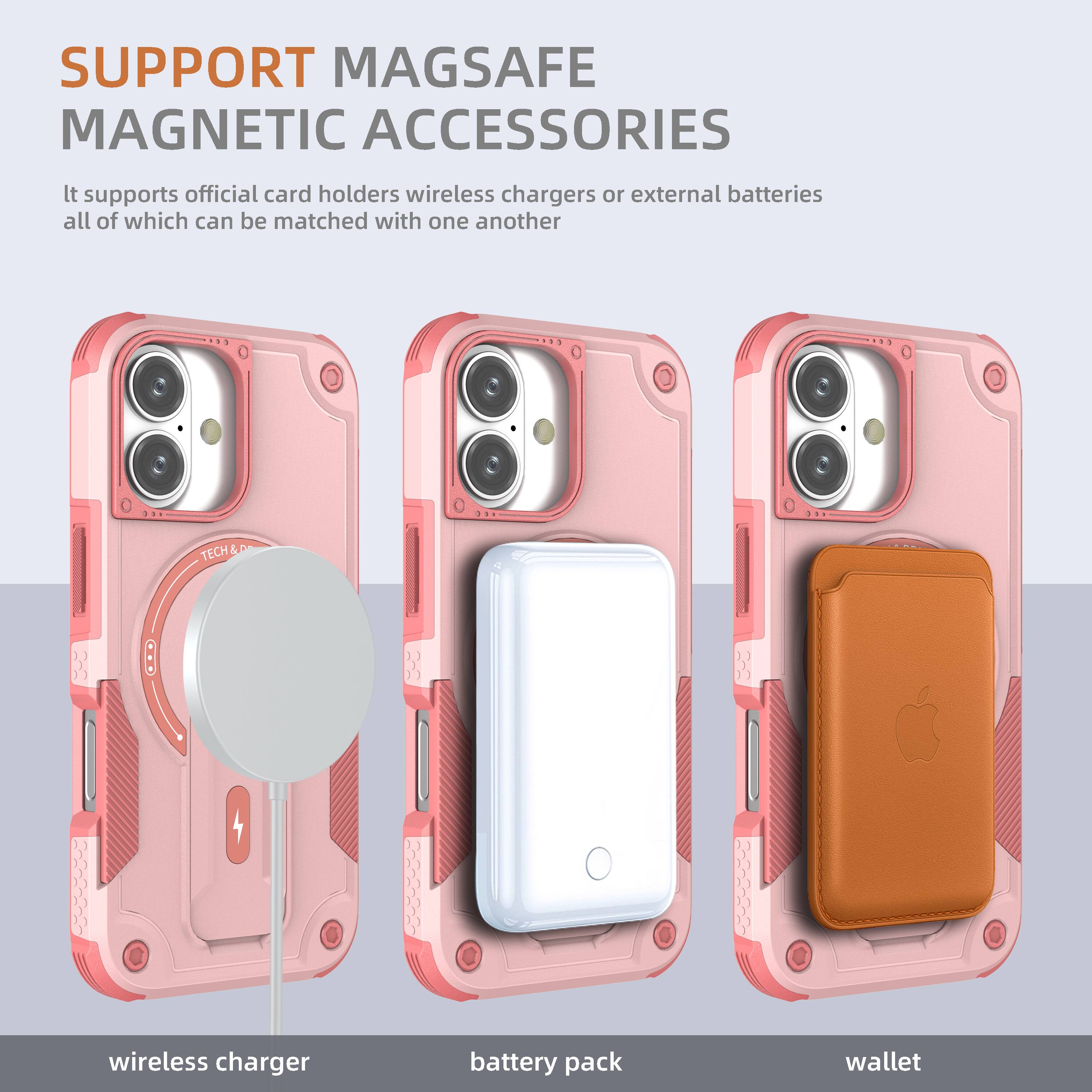SUPPORT MAGSAFE MAGNETIC ACCESSORIES

It supports official card holders, wireless chargers, or external batteries, all of which can be matched with one another.

wireless charger  
battery pack  
wallet