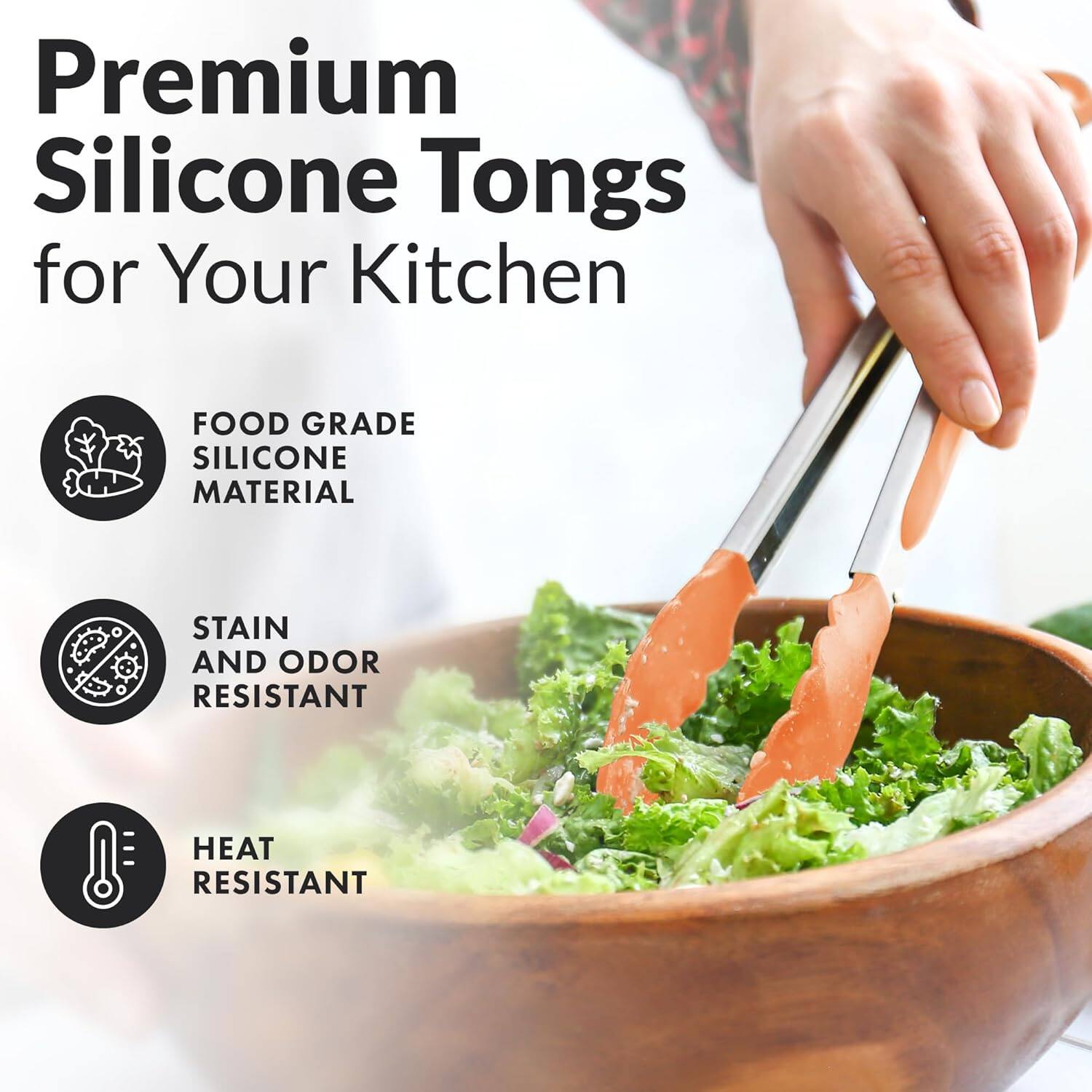 Premium Silicone Tongs for Your Kitchen, FOOD GRADE SILICONE MATERIAL, STAIN AND ODOR RESISTANT, HEAT RESISTANT