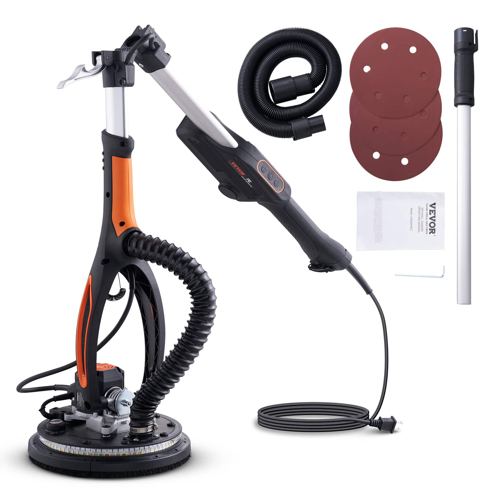 VEVOR - Drywall Sander, 800W Brushless Motor Electric Sander, Variable Speed 1000-2300 RPM Wall Sander, Foldable Ceiling Sander - Orange;Black
