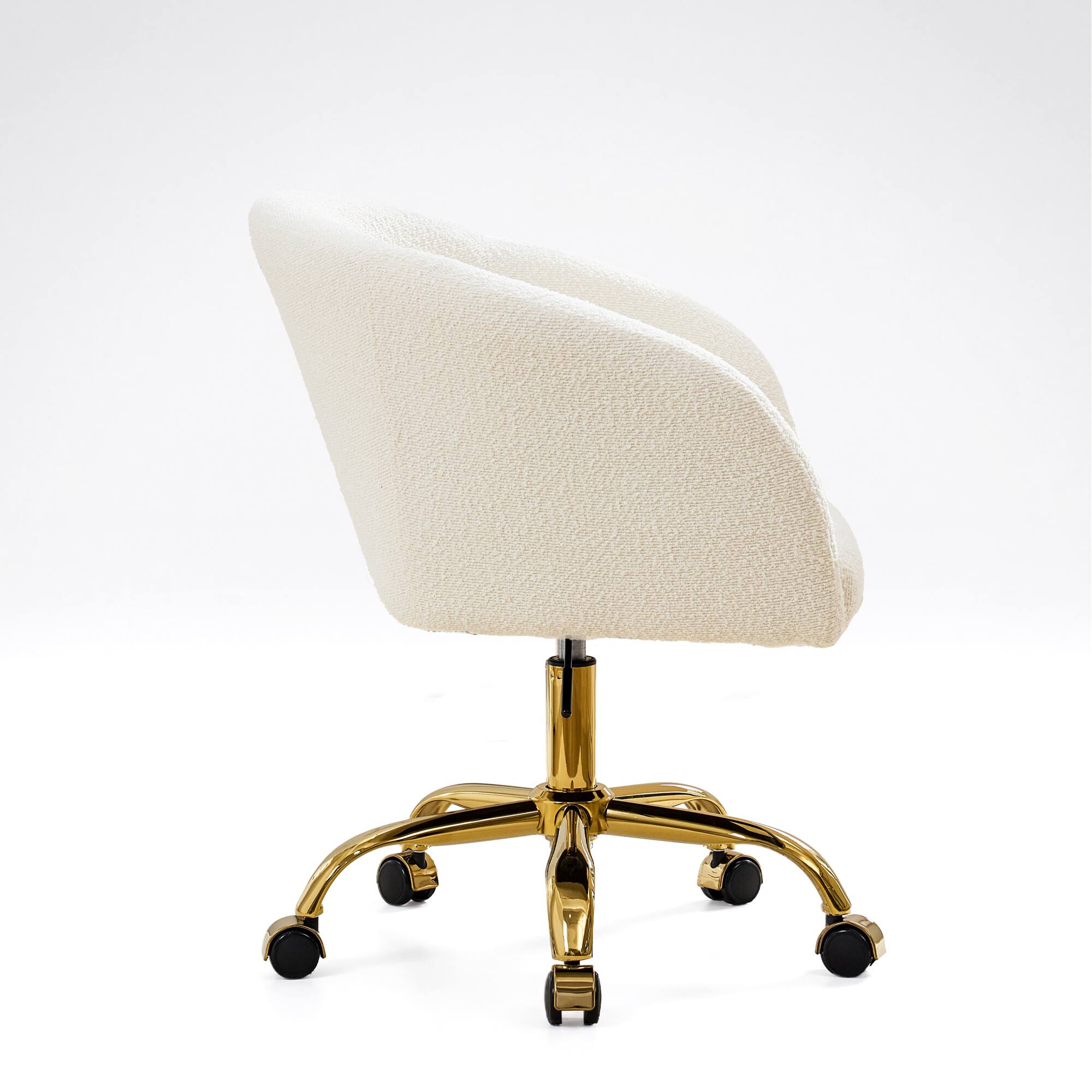 Left. Brick Attic - Vanity Chair with Wheels,Luxury boucle Office Chair, Curved Backrest &Thick Cushion,  Makeup Chair for Home Office - White.