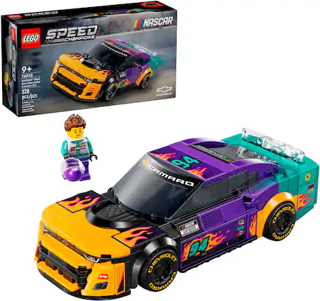 The image features a Lego Speed Champions Chevrolet Camaro, which is a toy car set. The car is purple and yellow, and it is part of the Lego building set. The set includes a small figure of a person, which can be used to create various scenes and stories. The car is designed to resemble a real-life Chevrolet Camaro, and it is a popular choice among Lego enthusiasts.