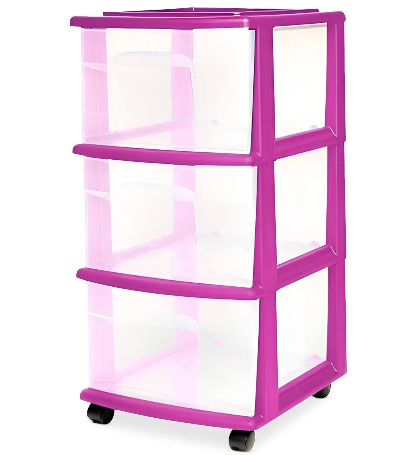 Front. FINEAK - 3-Tier Clear Plastic Rolling Storage Drawer Organizer - Purple.
