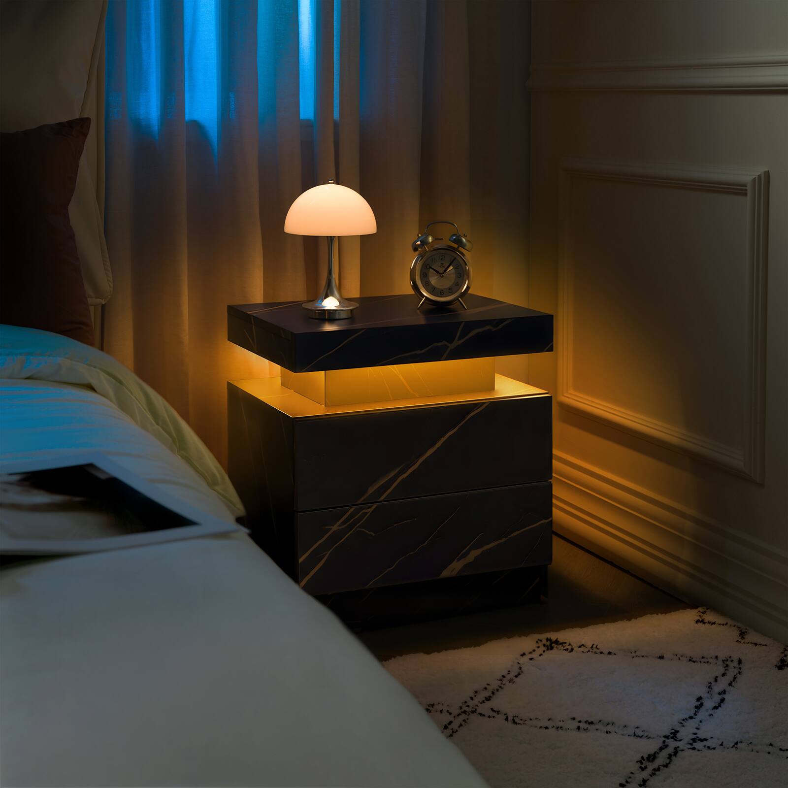 Alt View 4. Chateau Abodes - LED Nightstand, Modern Bedside Table with 2 Drawers & Cabinet Lights for Bedroom, 13x19x20 Inches - Black Gold.
