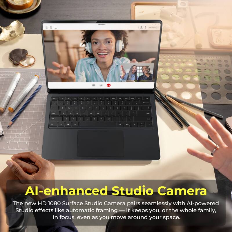 AI-enhanced Studio Camera

The new HD 1080 Surface Studio Camera pairs seamlessly with AI-powered Studio effects like automatic framing — it keeps you, or the whole family, in focus, even as you move around your space.