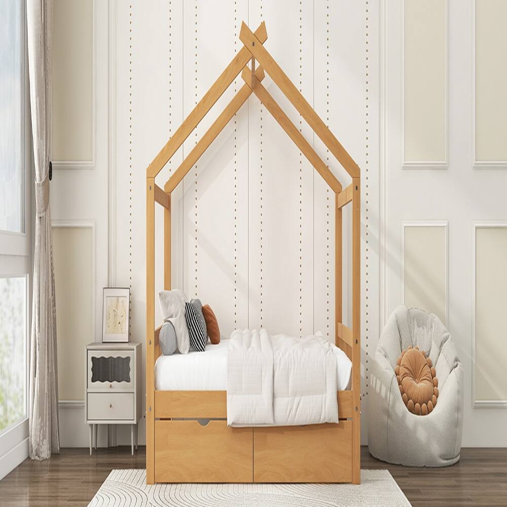 Alt View 2. Loheer - Loheer Full Size House Bed with Drawers, Natural Pine Wood Platform Frame - Natural.