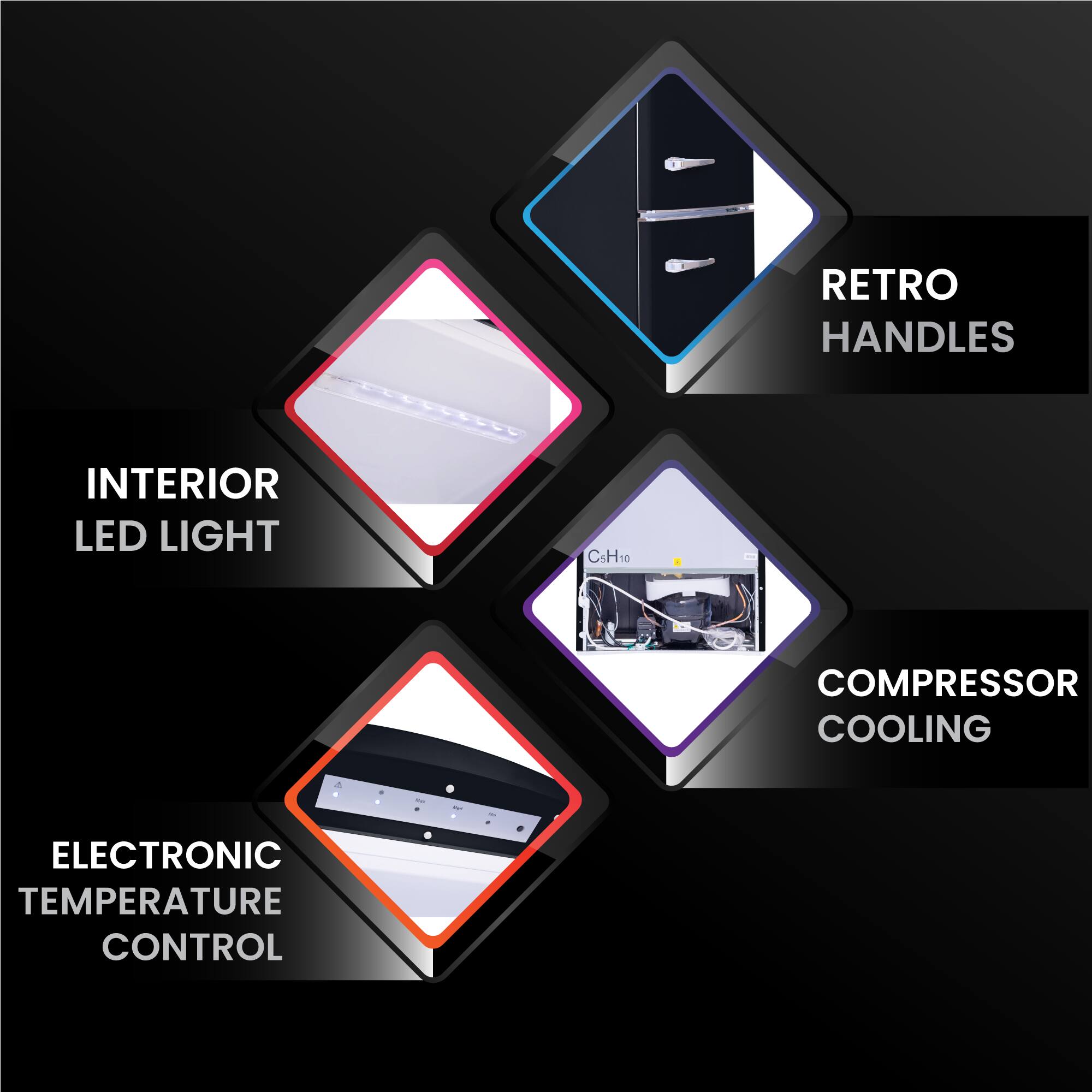 - RETRO HANDLES
- INTERIOR LED LIGHT
- COMPRESSOR COOLING
- ELECTRONIC TEMPERATURE CONTROL